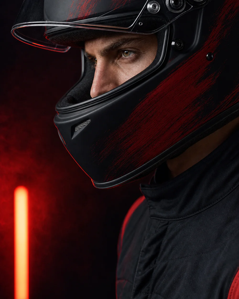 Valmont Théo in a matte black and red racing helmet