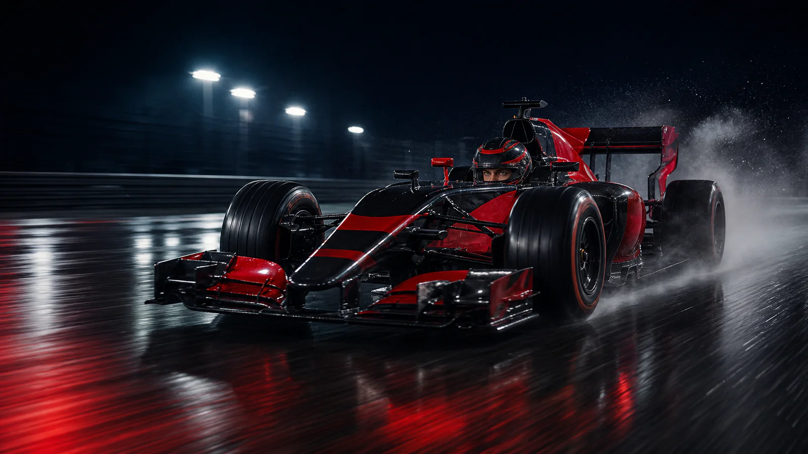 Unbranded red and black formula car racing at night in the rain