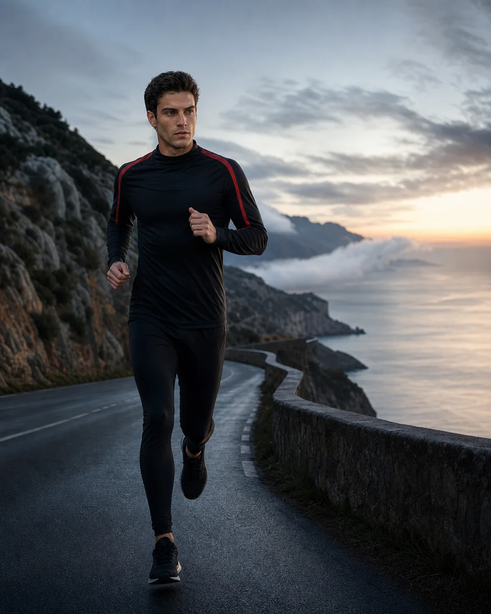 Valmont Théo running on a coastal road at dawn
