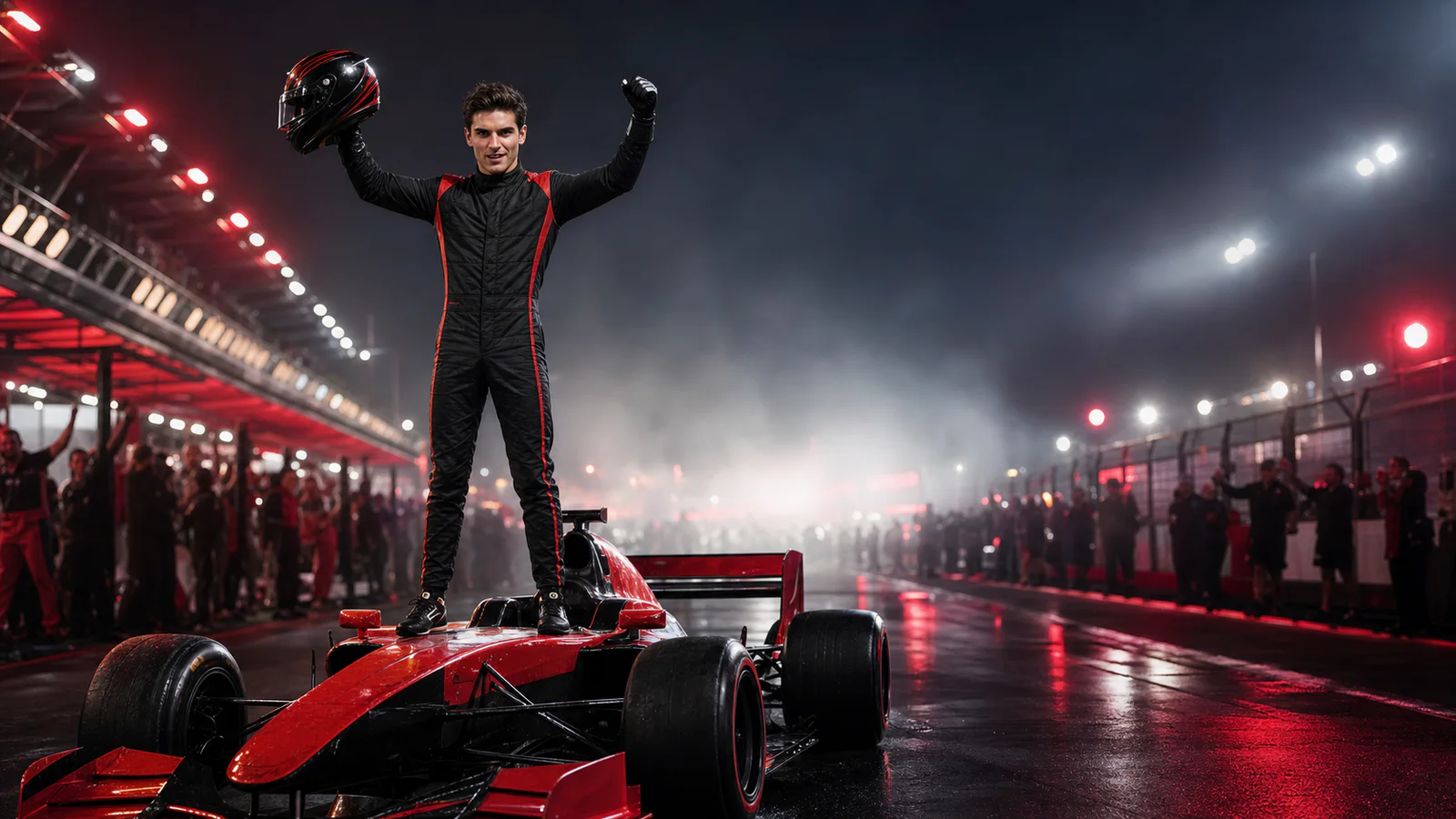 Valmont Théo celebrating on an unbranded formula car after a night race
